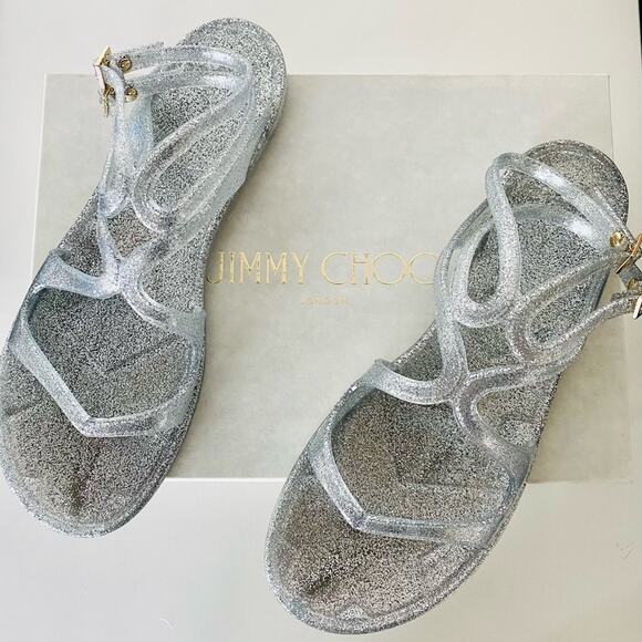 NEW JIMMY CHOO Lance Jelly Gladiator Silver Sparkle Double Strap Sandals 40 10 - Picture 8 of 15